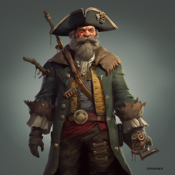 Pasted image 20230422232550.png|Create an illustration of Captain Garrick Stormrider, a former pirate and now an unofficial protector of lower Dragon's Reach. Depict him as weathered yet strong, with a rugged, bearded face and piercing eyes. Dress him in a worn coat adorned with trinkets from his pirating days, and attire combining pirate and guardsman elements. Show him holding a cutlass and a spyglass. Feature the coastal landscape of Dragon's Reach, with towering cliffs and crashing waves, in the background. Job ID: 712b3be0-2e8c-4df1-9e14-7add0324a84b Seed: 2184837588