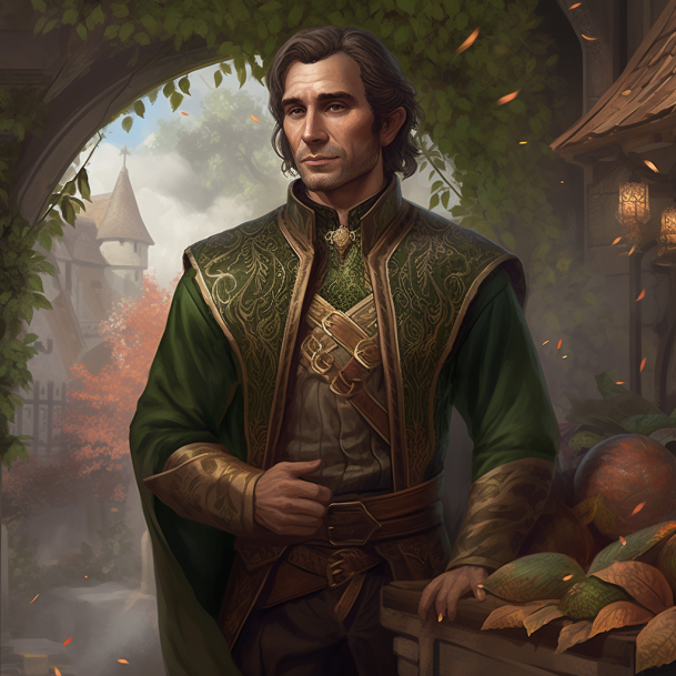 Pasted image 20230423001905.png|Create an illustration of Mayor Thornevale, the compassionate leader of Dragon's Reach. Depict him as a middle-aged half-elf with earthy brown hair and vibrant green eyes. Dress him in garments made from natural materials, featuring subtle dragon motifs and intricate patterns representing nature spirits. Place him in a setting that reflects the town's overgrown nature and spiritual connections, with elements of the ancient dragon's legacy and the vibrant forest surrounding him. Job ID: 844877ef-acc2-4a95-9a9d-2b5183c8deab Seed: 3404058942